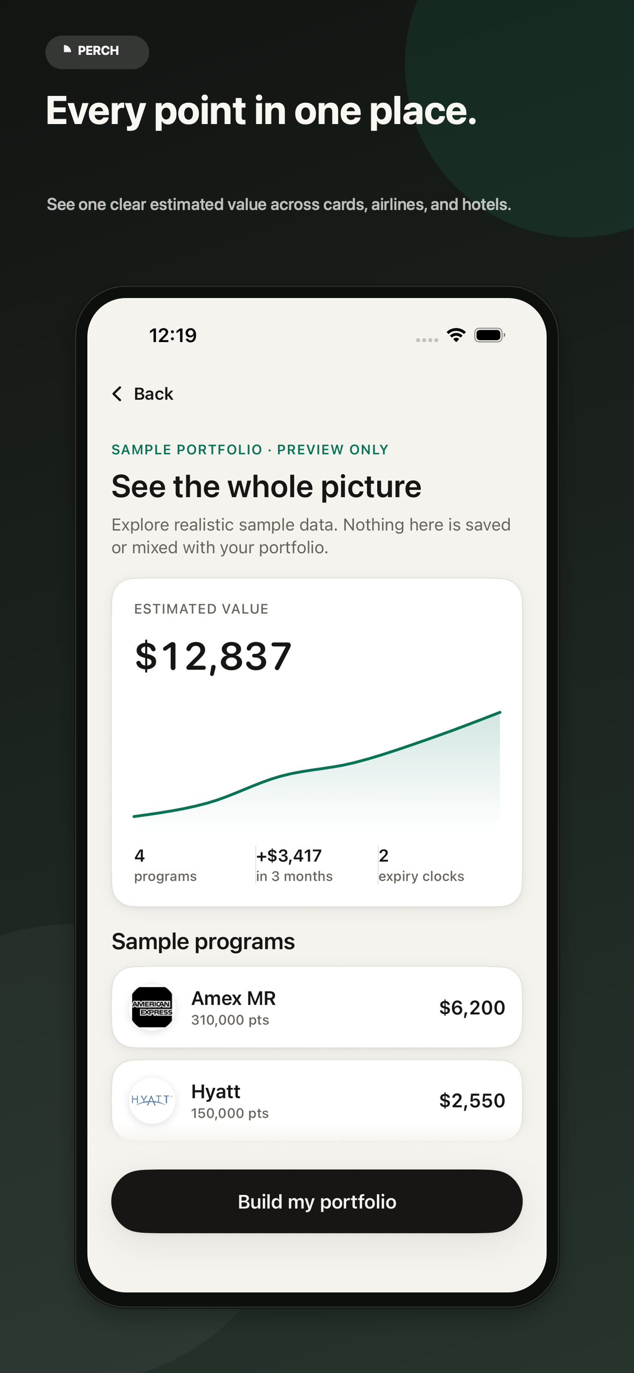 Perch sample portfolio combines card, airline, and hotel reward balances